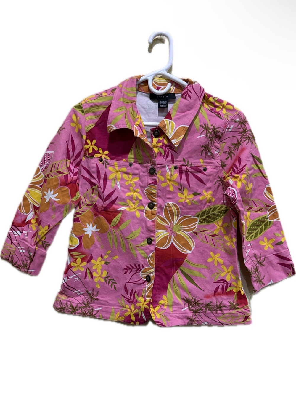 Kaktus Y2K Tropical Hibiscus Floral Jean Jacket Pink Orange Yellow Size L EUC